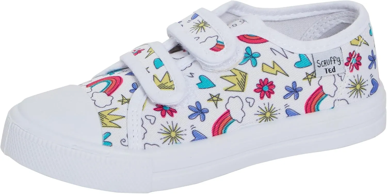 Kids Canvas Shoes Boys Trainers Girls Pumps Unisex Easy Fasten Plimsolls Casual Shoes, Doodles White, 13 us little kid