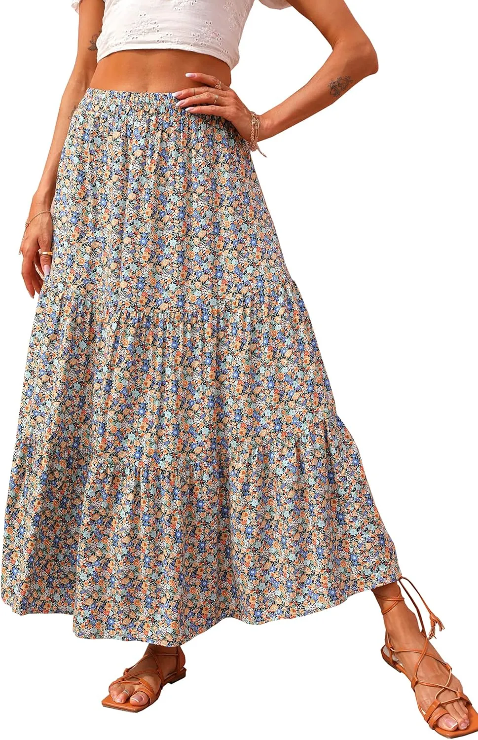 KIRUNDO Women's 2025 Spring Summer High Waist Boho Floral Maxi Skirt Casual Flowy Swing Pleated A Line Beach Long Skirts