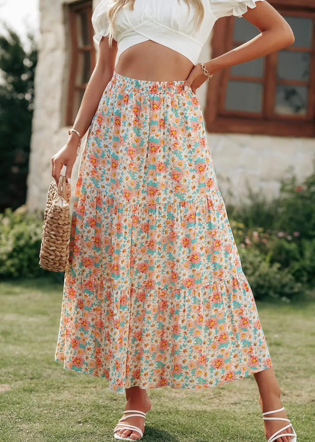 KIRUNDO Women's 2025 Spring Summer High Waist Boho Floral Maxi Skirt Casual Flowy Swing Pleated A Line Beach Long Skirts