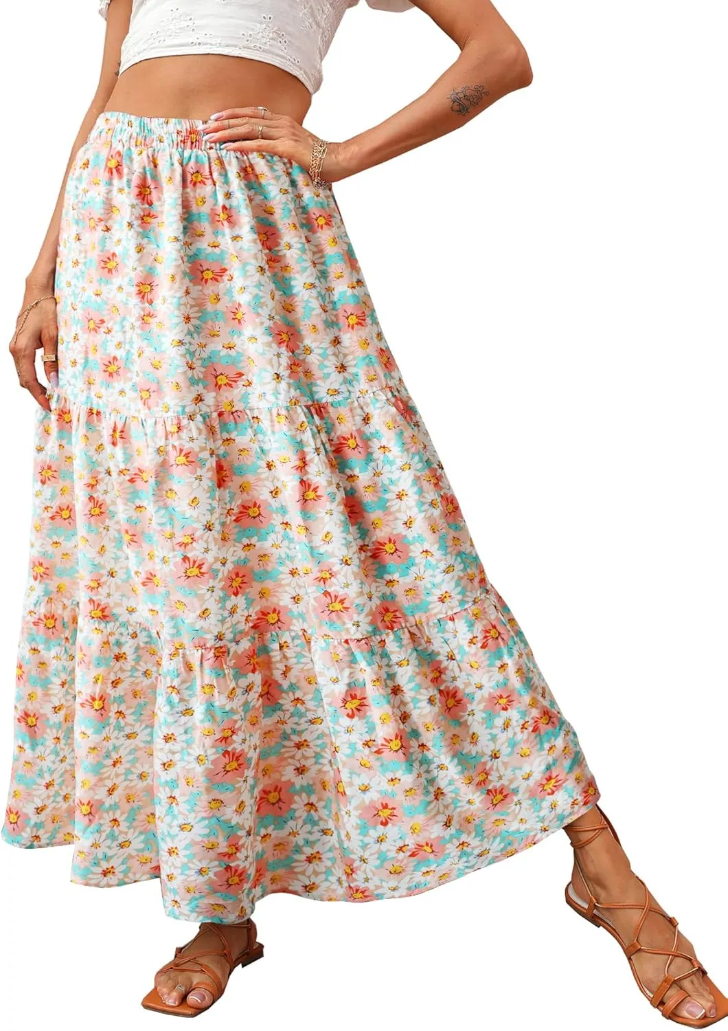 KIRUNDO Women's 2025 Spring Summer High Waist Boho Floral Maxi Skirt Casual Flowy Swing Pleated A Line Beach Long Skirts