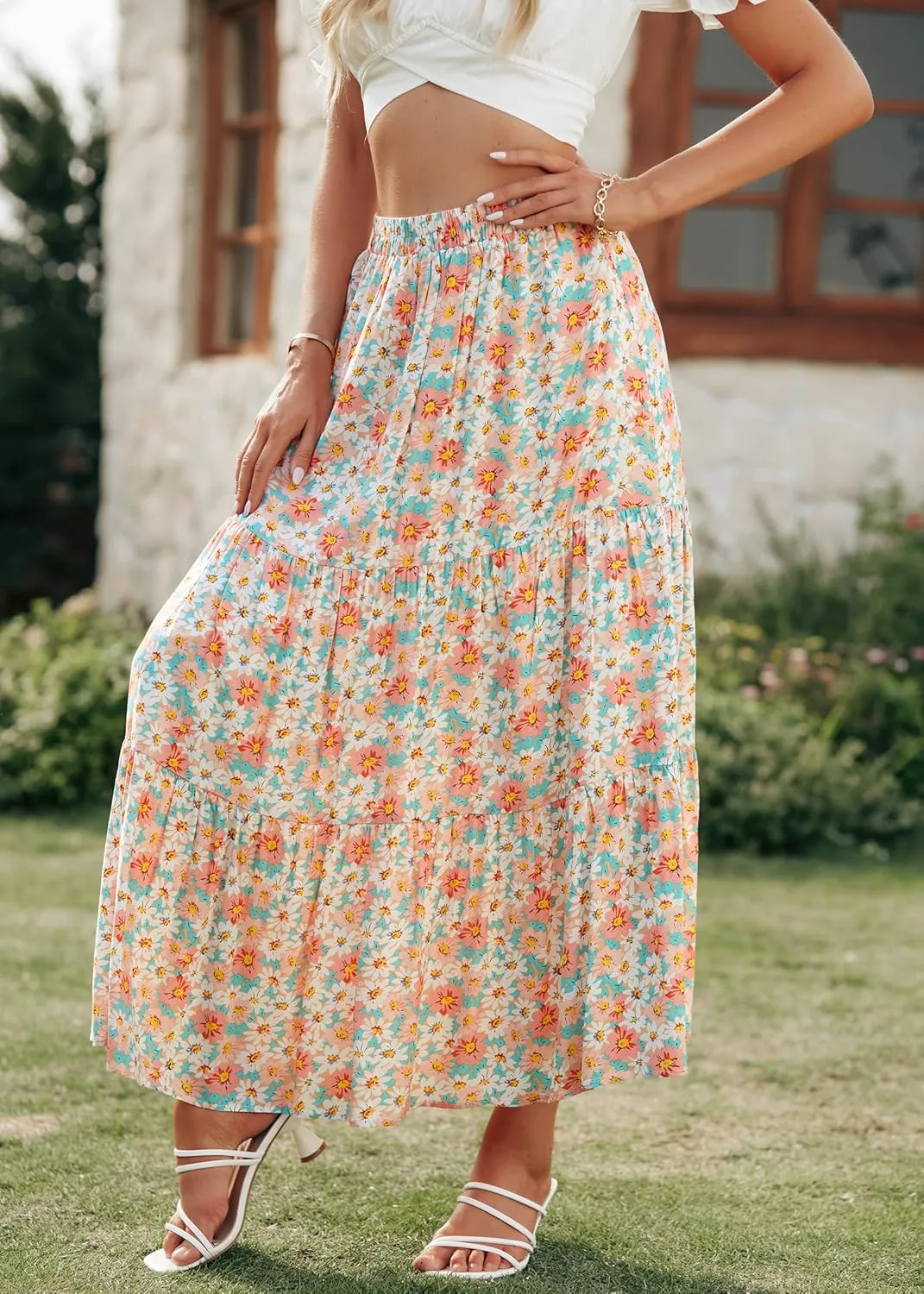 KIRUNDO Women's 2025 Spring Summer High Waist Boho Floral Maxi Skirt Casual Flowy Swing Pleated A Line Beach Long Skirts