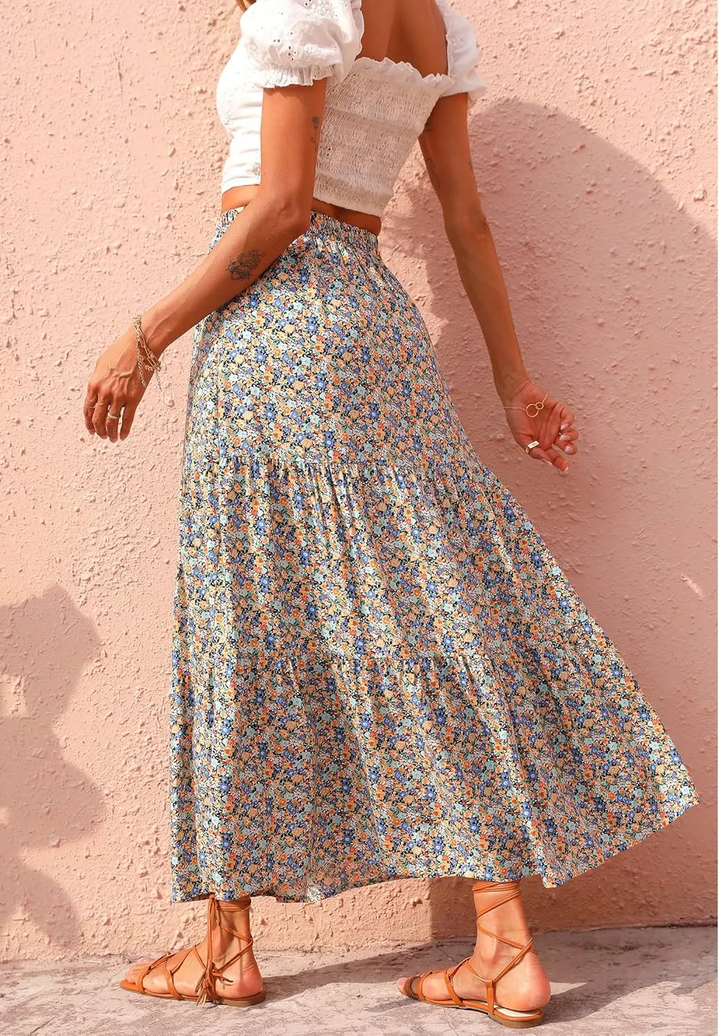 KIRUNDO Women's 2025 Spring Summer High Waist Boho Floral Maxi Skirt Casual Flowy Swing Pleated A Line Beach Long Skirts