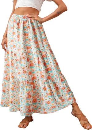 KIRUNDO Women's 2025 Spring Summer High Waist Boho Floral Maxi Skirt Casual Flowy Swing Pleated A Line Beach Long Skirts