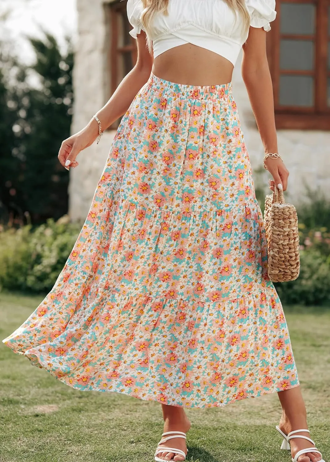 KIRUNDO Women's 2025 Spring Summer High Waist Boho Floral Maxi Skirt Casual Flowy Swing Pleated A Line Beach Long Skirts