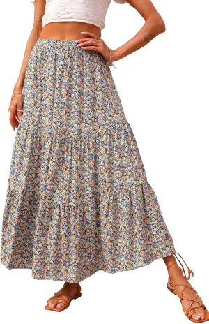 KIRUNDO Women's 2025 Spring Summer High Waist Boho Floral Maxi Skirt Casual Flowy Swing Pleated A Line Beach Long Skirts