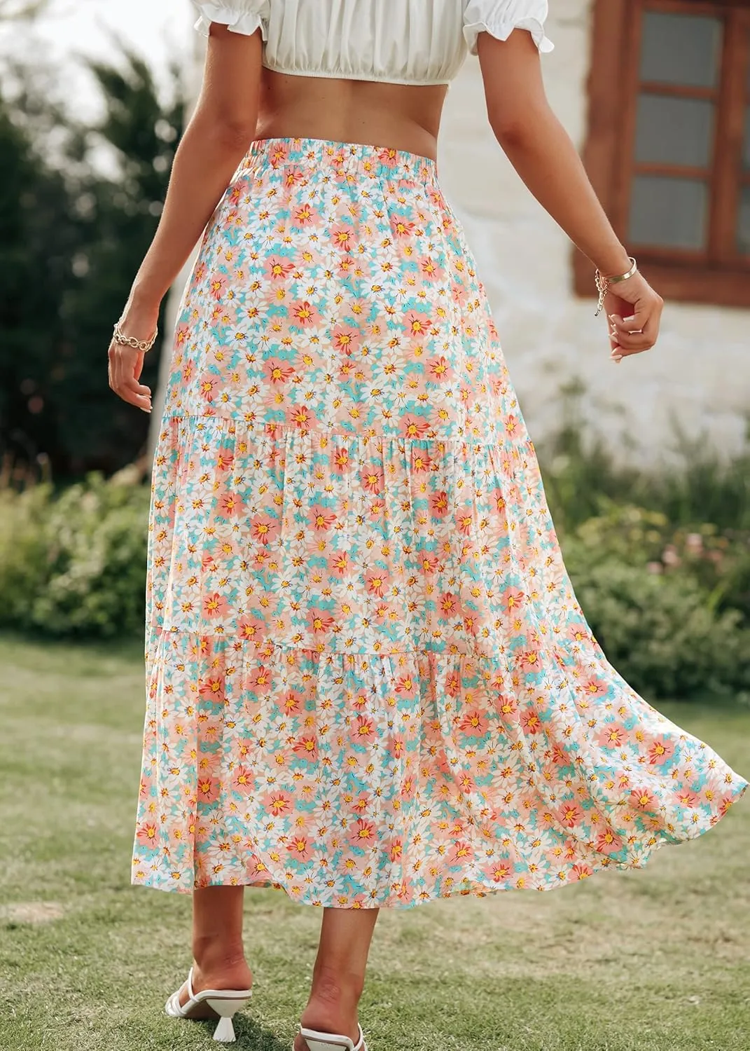 KIRUNDO Women's 2025 Spring Summer High Waist Boho Floral Maxi Skirt Casual Flowy Swing Pleated A Line Beach Long Skirts