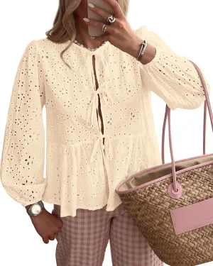 KIRUNDO Womens Tops Casual Dressy Tie Front Bow Puff Sleeve Eyelet Peplum Babydoll Cute Shirts 2025 Spring Trendy Blouse