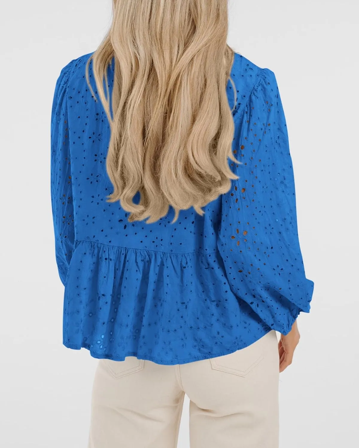 KIRUNDO Womens Tops Casual Dressy Tie Front Bow Puff Sleeve Eyelet Peplum Babydoll Cute Shirts 2025 Spring Trendy Blouse
