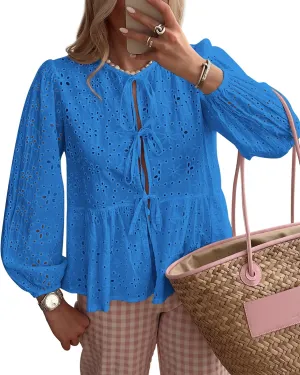 KIRUNDO Womens Tops Casual Dressy Tie Front Bow Puff Sleeve Eyelet Peplum Babydoll Cute Shirts 2025 Spring Trendy Blouse