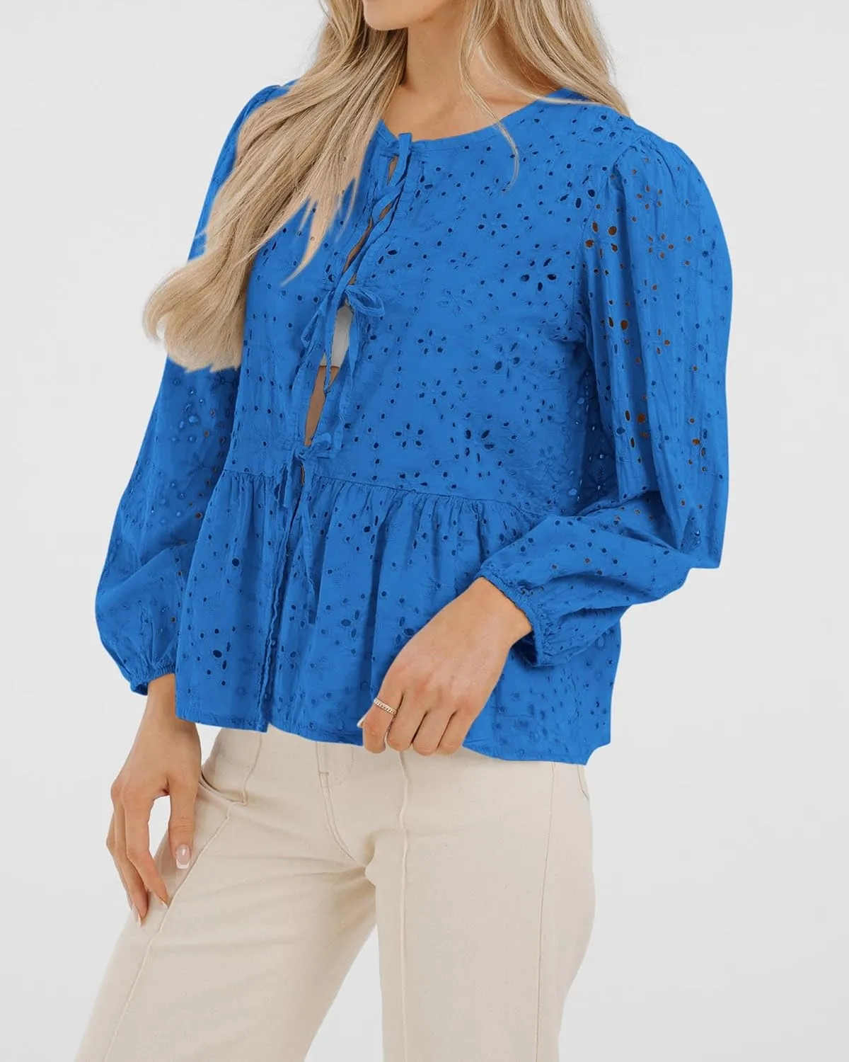 KIRUNDO Womens Tops Casual Dressy Tie Front Bow Puff Sleeve Eyelet Peplum Babydoll Cute Shirts 2025 Spring Trendy Blouse