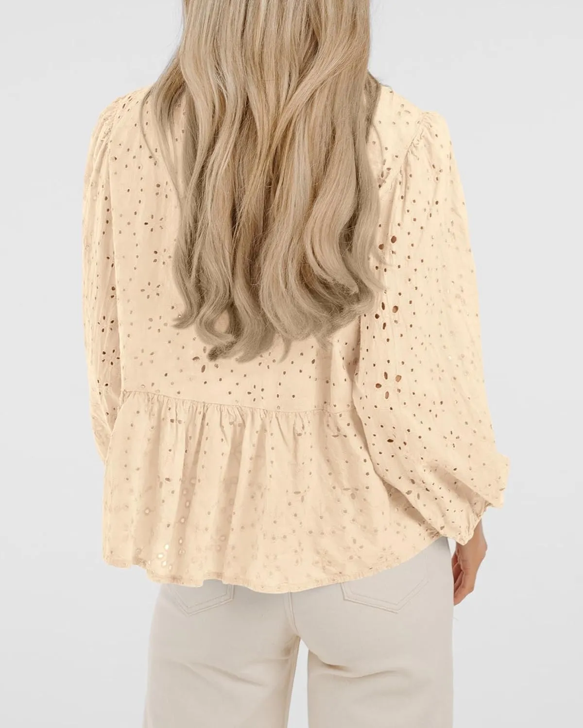 KIRUNDO Womens Tops Casual Dressy Tie Front Bow Puff Sleeve Eyelet Peplum Babydoll Cute Shirts 2025 Spring Trendy Blouse