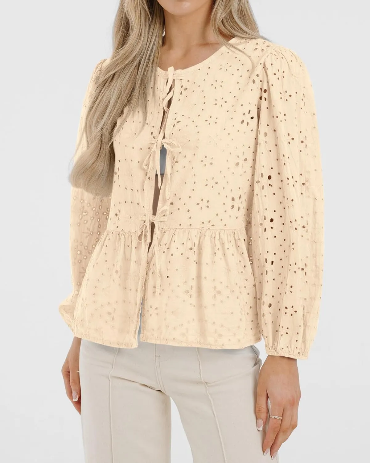 KIRUNDO Womens Tops Casual Dressy Tie Front Bow Puff Sleeve Eyelet Peplum Babydoll Cute Shirts 2025 Spring Trendy Blouse
