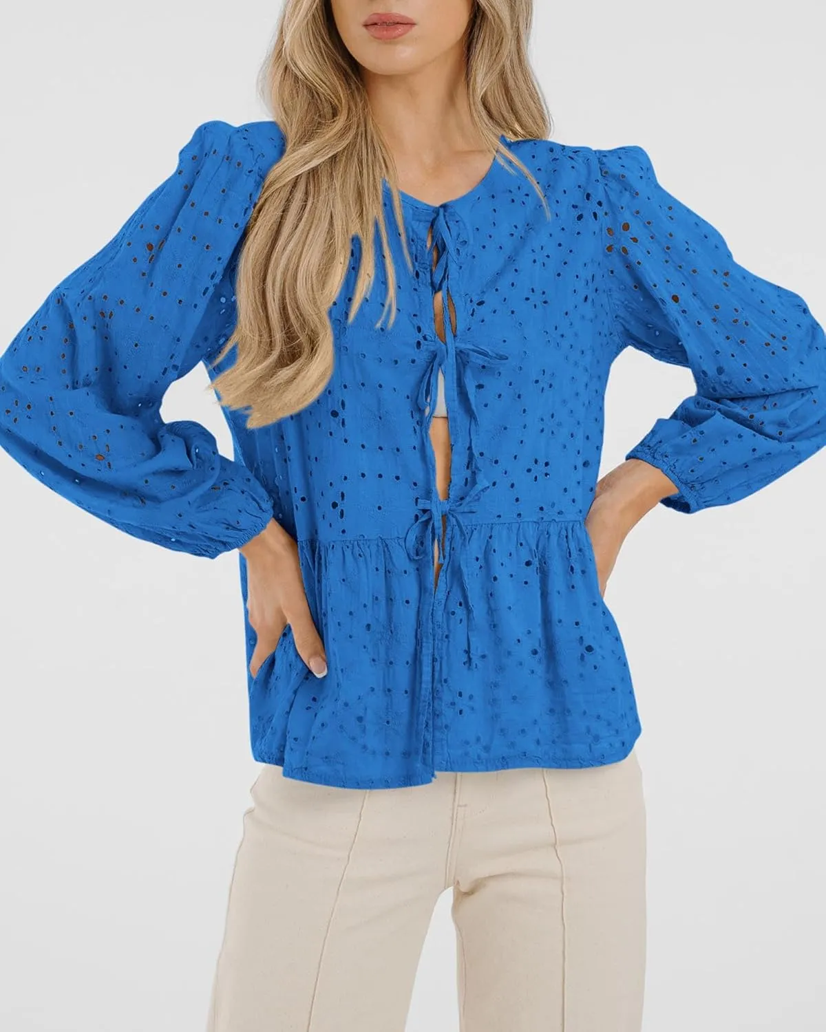 KIRUNDO Womens Tops Casual Dressy Tie Front Bow Puff Sleeve Eyelet Peplum Babydoll Cute Shirts 2025 Spring Trendy Blouse