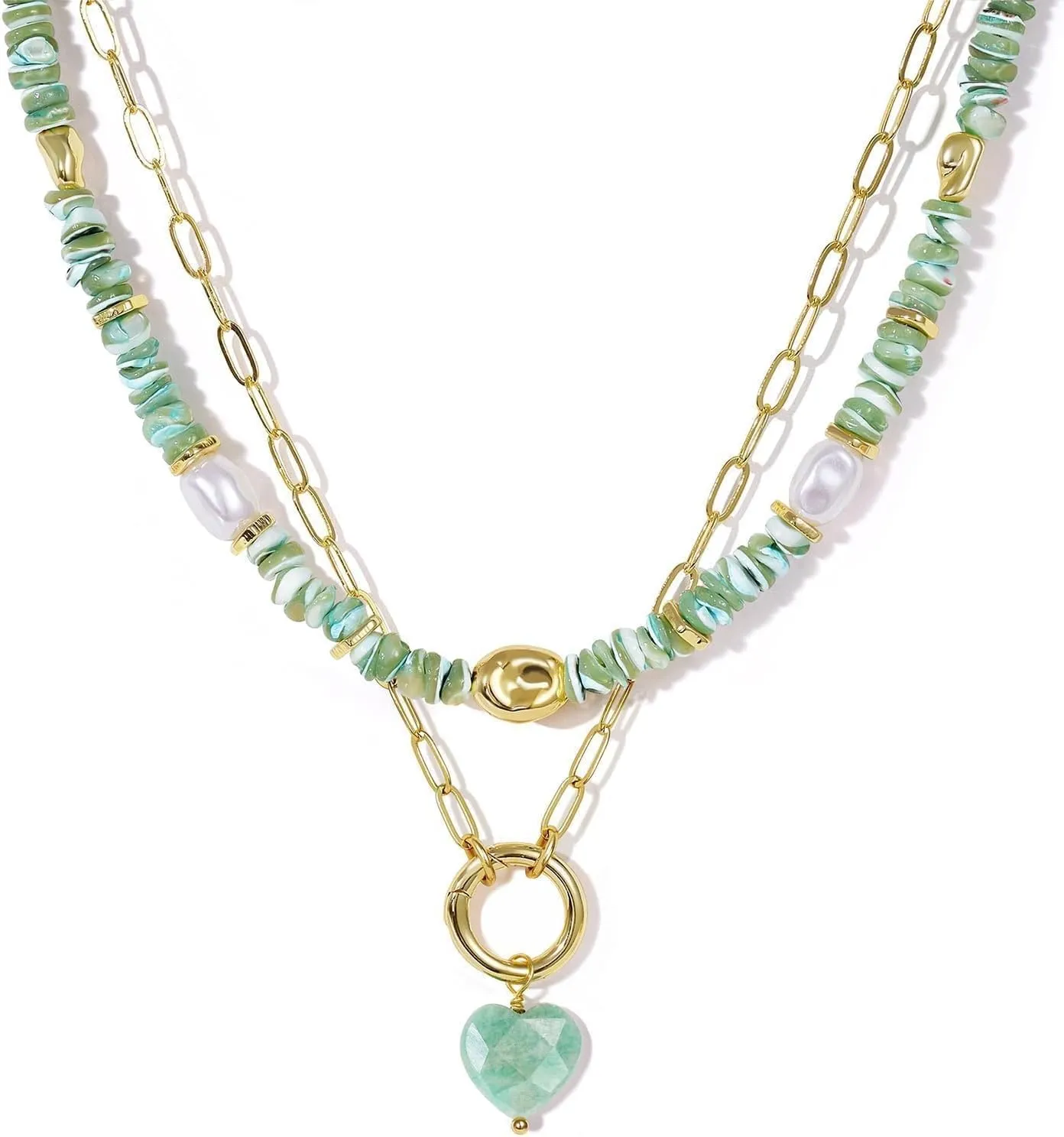 KissYan Beaded Necklaces for Women, 14K Gold Plated Layered Paperclip Choker with Heart Pendant for Summer, Colorful Natural Gemstone Boho Handmade Beach Jewelry Gifts