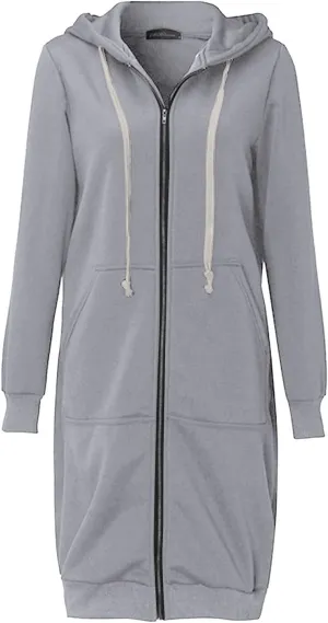 Knee Length Hoodies for Women Zip Up Hoodie Fashion Long Sleeve Sweatshirts Casual Fall Hooded Jackets with Pockets