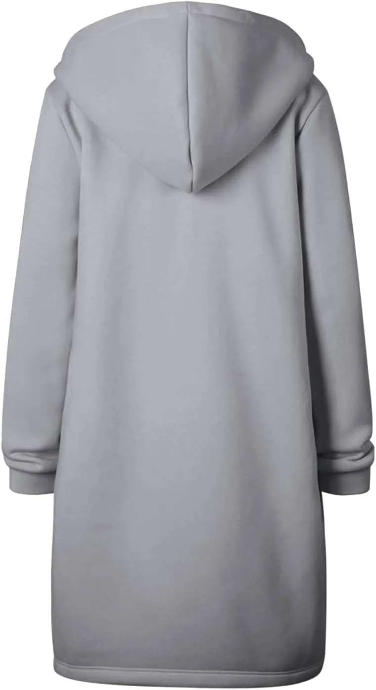 Knee Length Hoodies for Women Zip Up Hoodie Fashion Long Sleeve Sweatshirts Casual Fall Hooded Jackets with Pockets