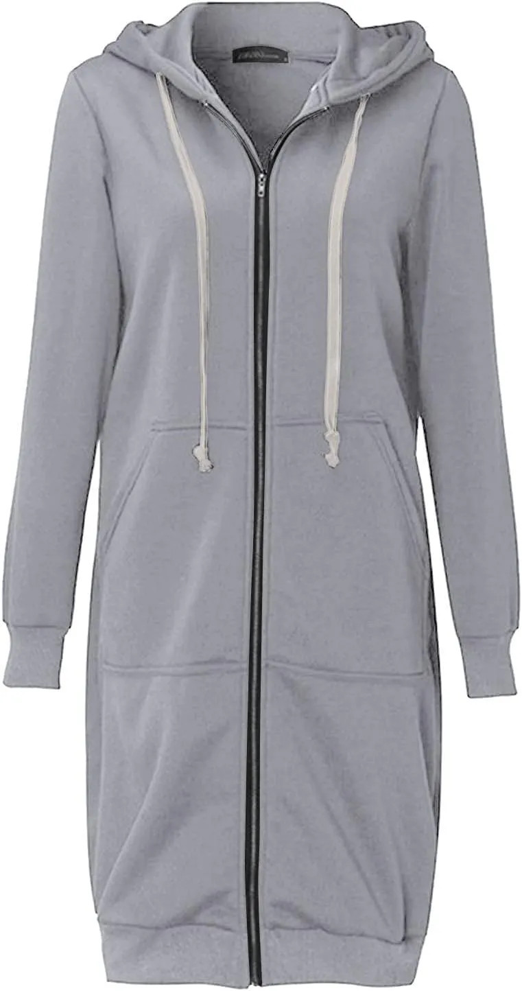 Knee Length Hoodies for Women Zip Up Hoodie Fashion Long Sleeve Sweatshirts Casual Fall Hooded Jackets with Pockets
