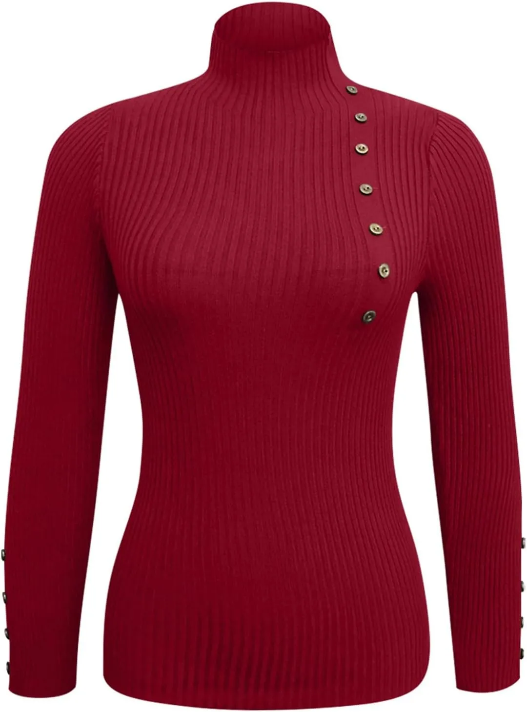 Knit Sweater for Women Long Sleeve Mock Neck Ribbed Knit Button Down Slim Tops Stretchy Casual Basic Pullovers