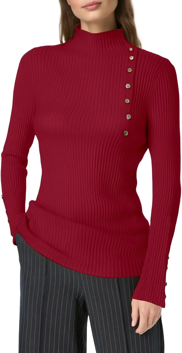 Knit Sweater for Women Long Sleeve Mock Neck Ribbed Knit Button Down Slim Tops Stretchy Casual Basic Pullovers