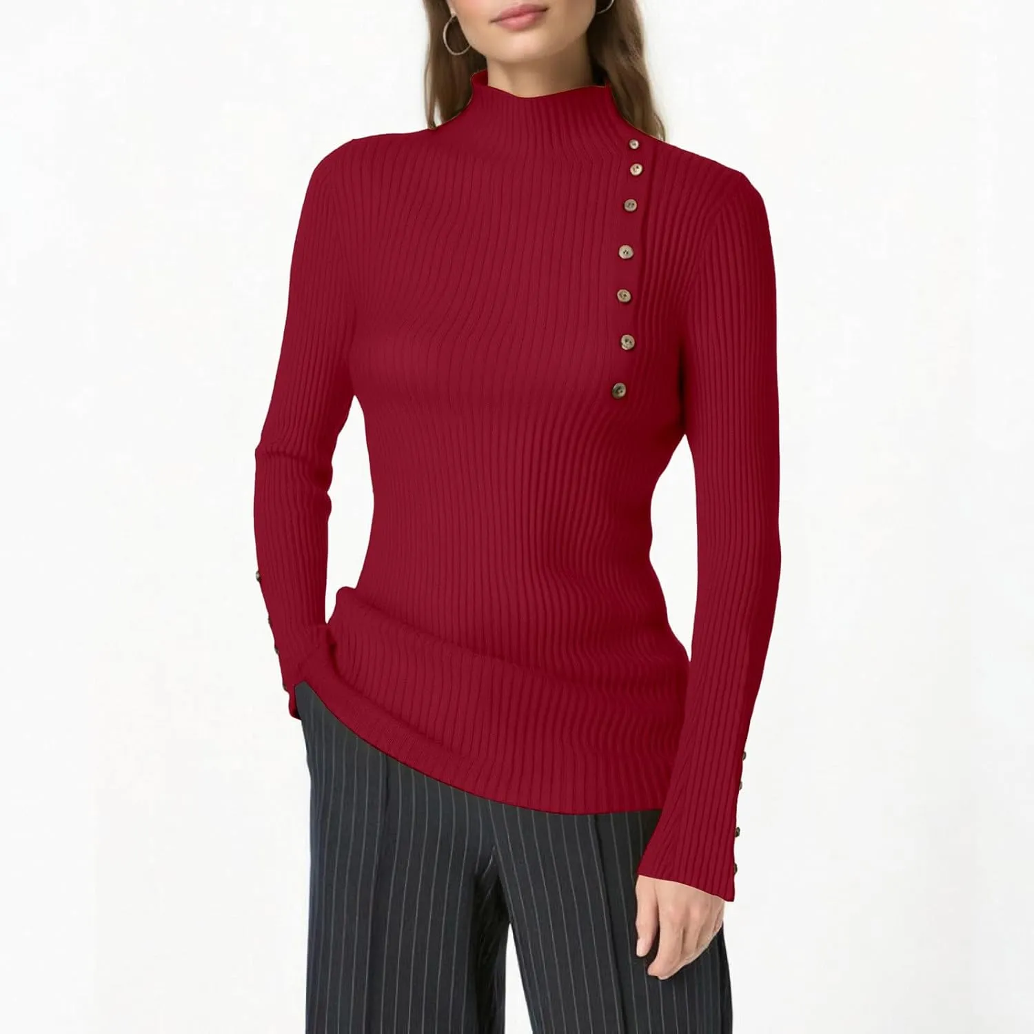 Knit Sweater for Women Long Sleeve Mock Neck Ribbed Knit Button Down Slim Tops Stretchy Casual Basic Pullovers