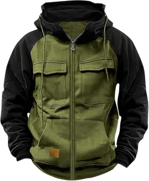 KUIOLYPOER Tactical Hoodies for Men Vintage Zip Up Long Sleeve Pullover Sweatshirt Loose Casual Cargo Hoodies with Pockets
