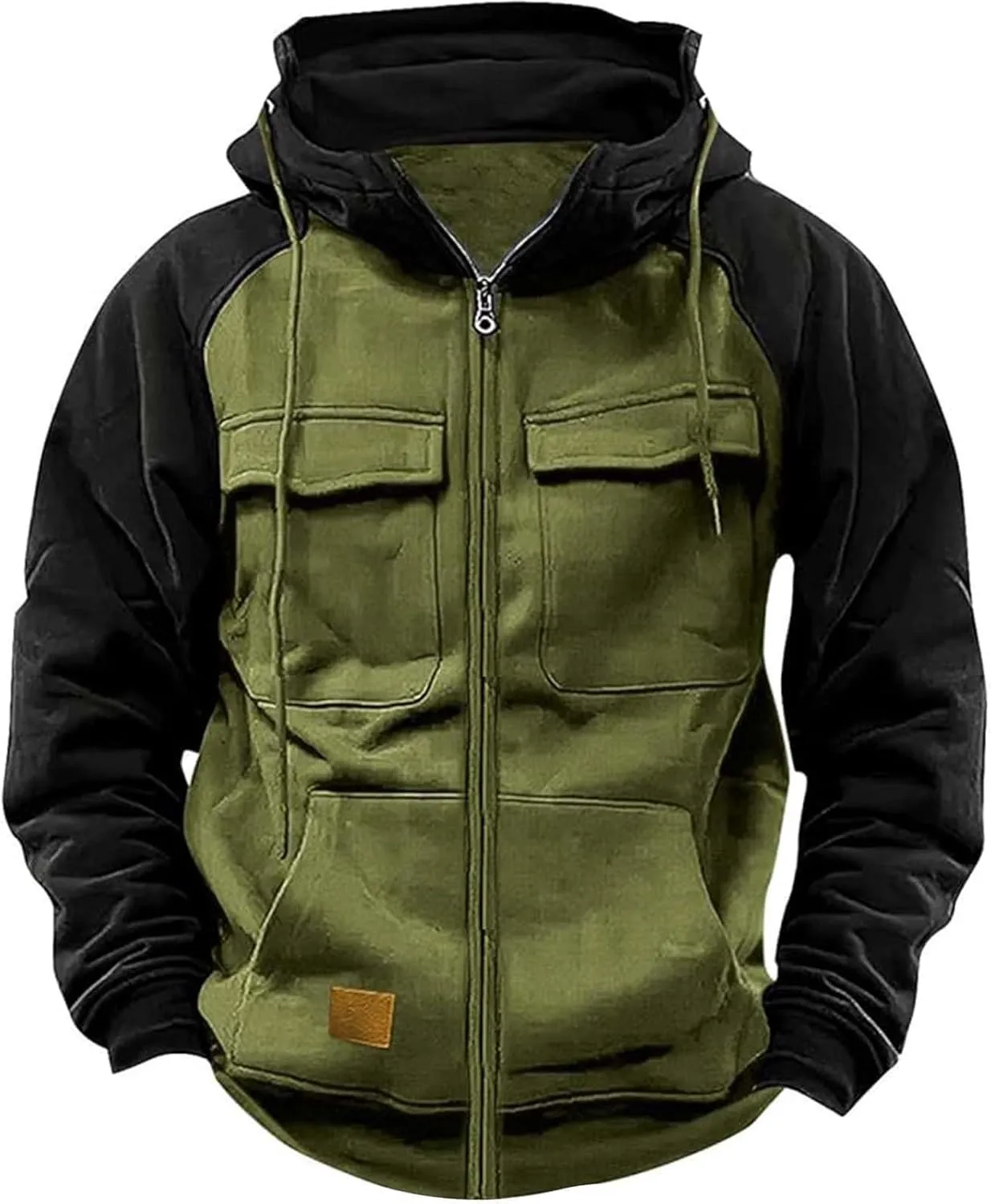 KUIOLYPOER Tactical Hoodies for Men Vintage Zip Up Long Sleeve Pullover Sweatshirt Loose Casual Cargo Hoodies with Pockets