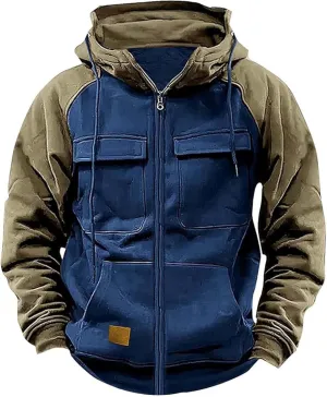 KUIOLYPOER Tactical Hoodies for Men Vintage Zip Up Long Sleeve Pullover Sweatshirt Loose Casual Cargo Hoodies with Pockets