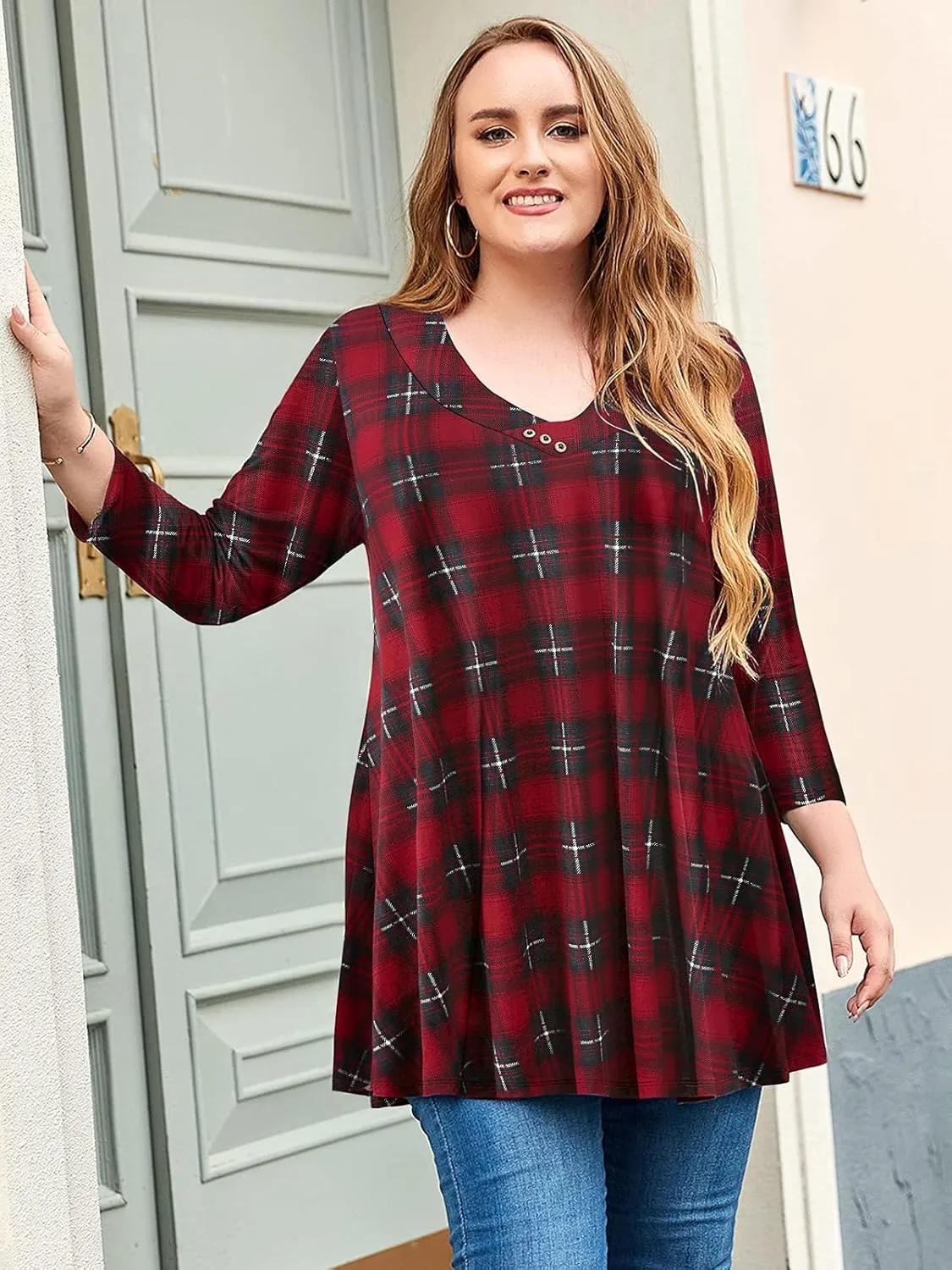 LARACE Plus Size Tunic Women's 3/4 Sleeve Tops And Blouses V Neck Shirts Loose Basic Tee
