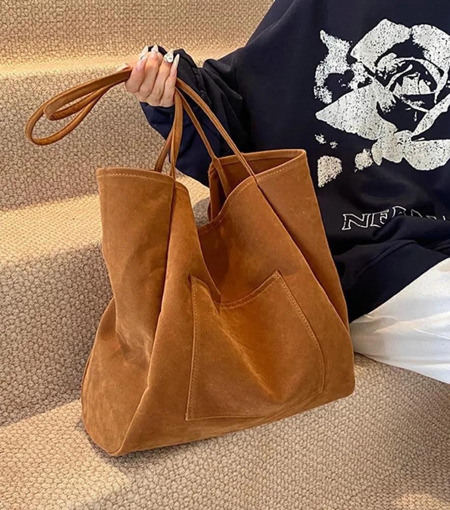 Large Suede Tote Bag for Women Retro Slouchy Shoulder Bag Brown Suede Purse Satchel Bag Work College Handbag Winter