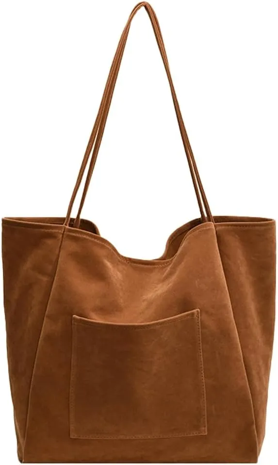 Large Suede Tote Bag for Women Retro Slouchy Shoulder Bag Brown Suede Purse Satchel Bag Work College Handbag Winter