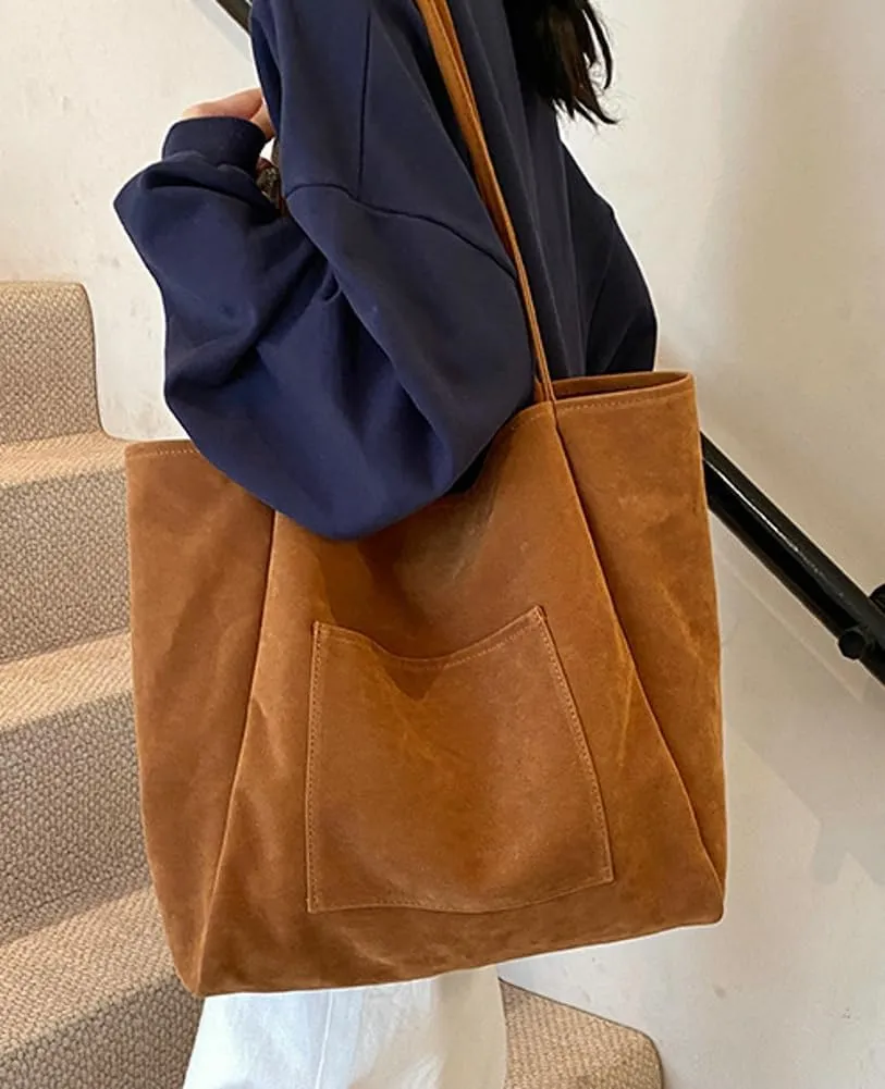 Large Suede Tote Bag for Women Retro Slouchy Shoulder Bag Brown Suede Purse Satchel Bag Work College Handbag Winter