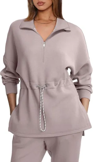 LASLULU Womens Oversized Sweatshirts Half Zip Hoodies Drawstring Waist Long Sleeve Tunic Pullover Tops Fall Outfits 2024