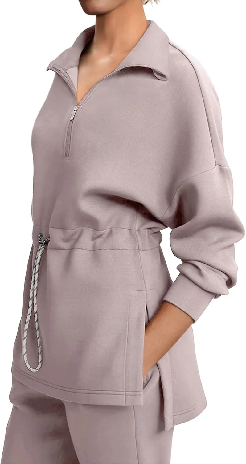 LASLULU Womens Oversized Sweatshirts Half Zip Hoodies Drawstring Waist Long Sleeve Tunic Pullover Tops Fall Outfits 2024