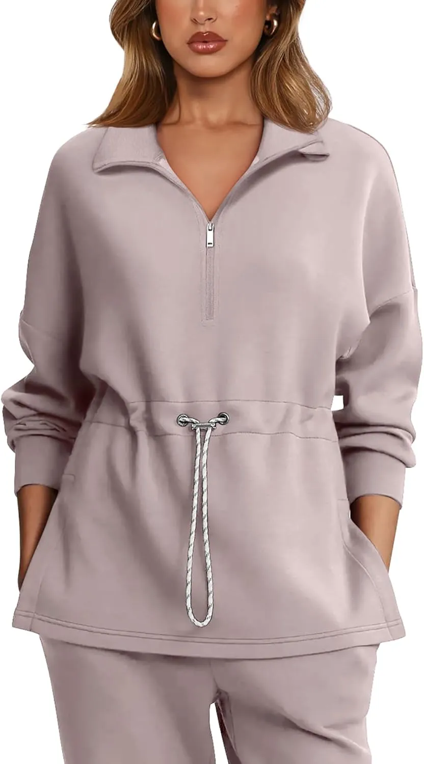 LASLULU Womens Oversized Sweatshirts Half Zip Hoodies Drawstring Waist Long Sleeve Tunic Pullover Tops Fall Outfits 2024