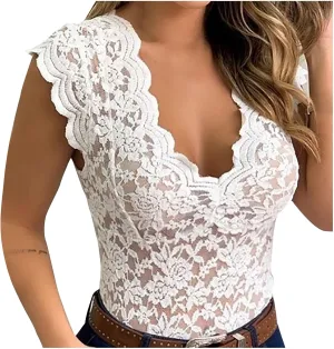 Lastesso Tank Tops Women Trendy Lace Sexy Summer Tops Deep V Neck Sleeveless Slim Fitted Tanks Fashion Going Out Clothes