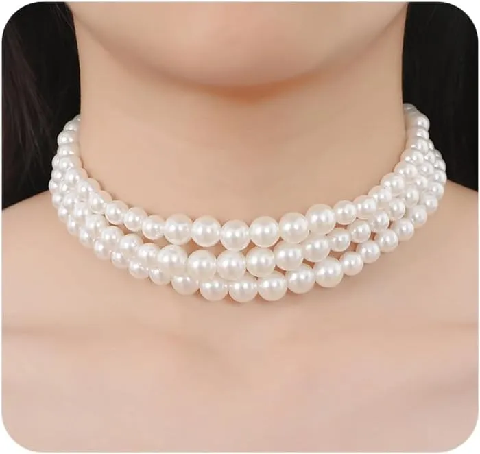 Layered Pearl Choker Necklace for Women,Boho Stackable Round Pearl Beaded Chain Collar Necklaces,Trendy Wedding Party Necklace Christmas Jewelry Gifts