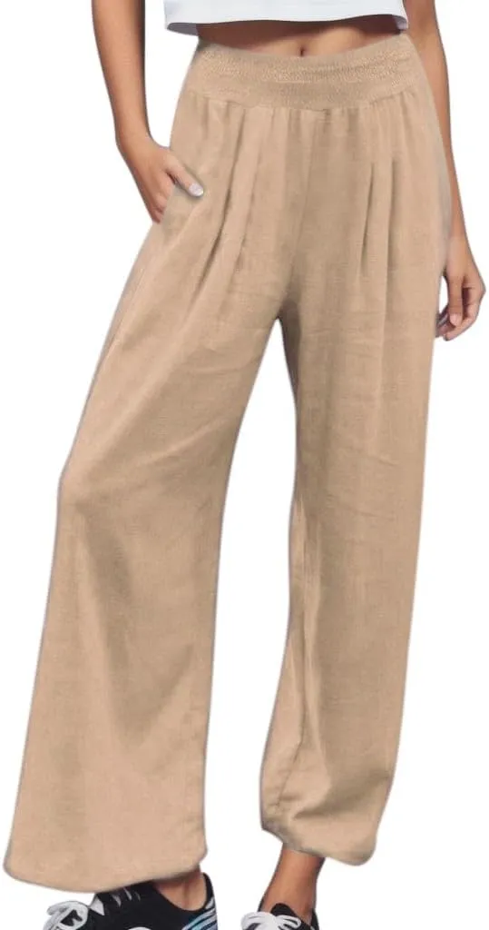 LCMTWX Palazzo Pants Leg Palazzo Pants for Women Smocked Elastic Waist Loose Comfy Casual Pajama Pants Pockets Beach Pants