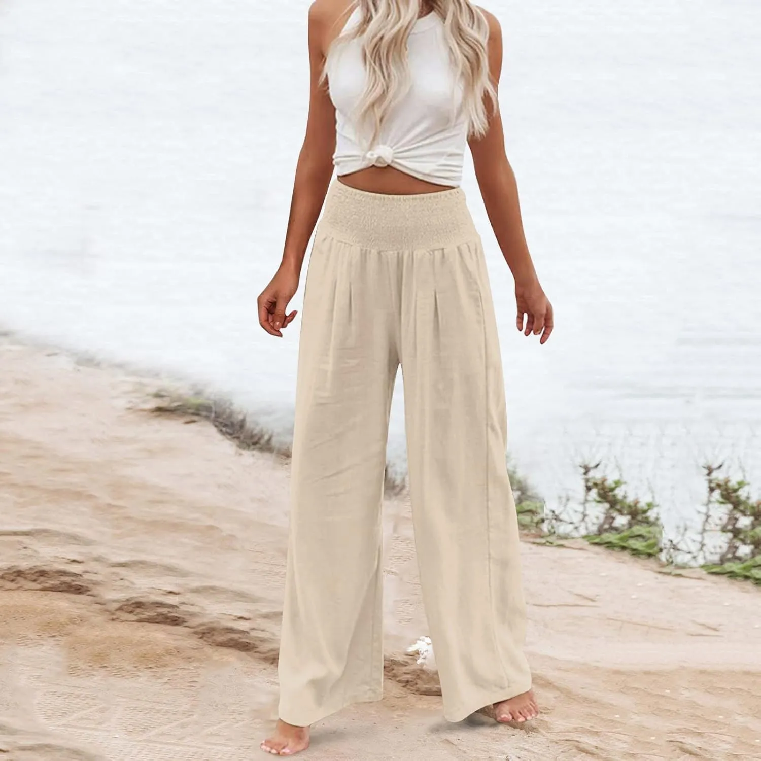 LCMTWX Palazzo Pants Leg Palazzo Pants for Women Smocked Elastic Waist Loose Comfy Casual Pajama Pants Pockets Beach Pants
