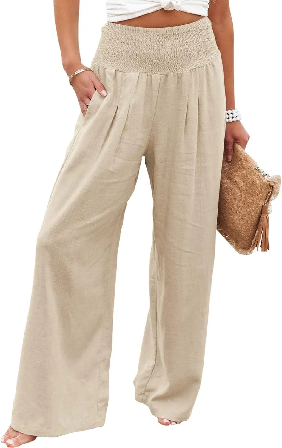 LCMTWX Palazzo Pants Leg Palazzo Pants for Women Smocked Elastic Waist Loose Comfy Casual Pajama Pants Pockets Beach Pants