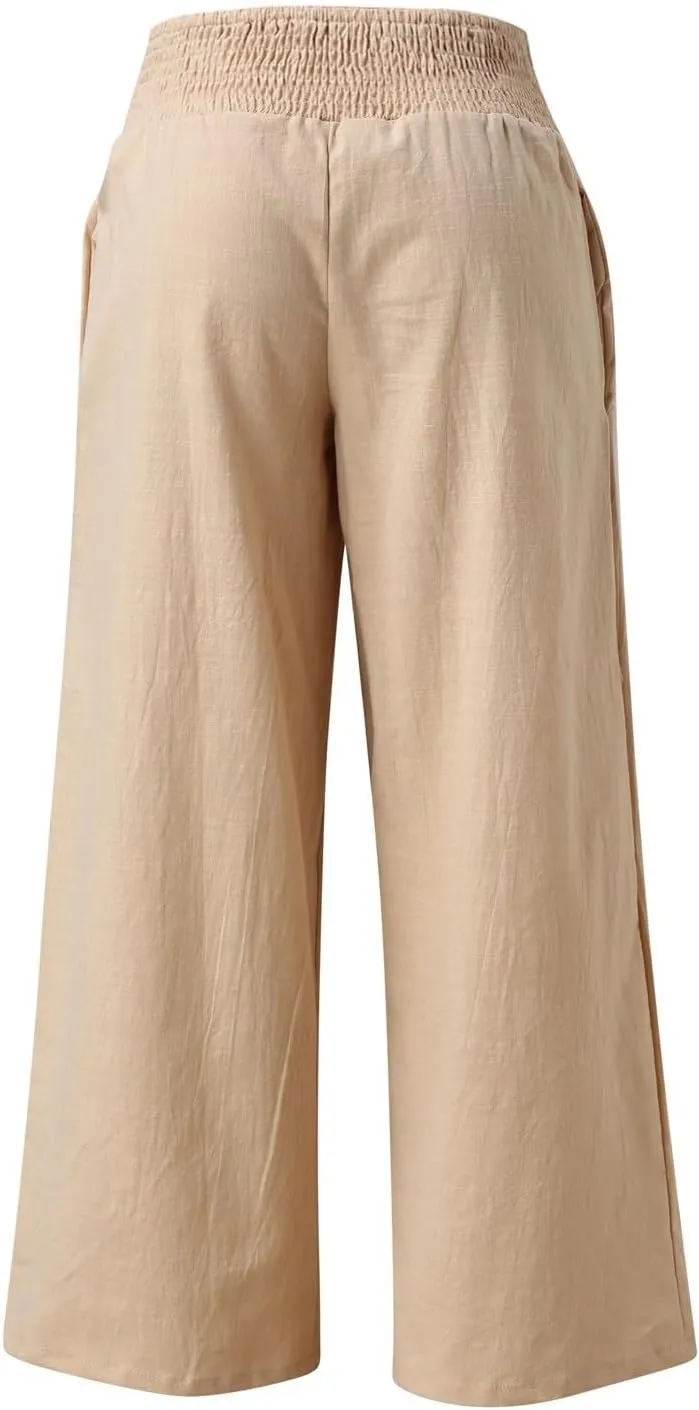 LCMTWX Palazzo Pants Leg Palazzo Pants for Women Smocked Elastic Waist Loose Comfy Casual Pajama Pants Pockets Beach Pants