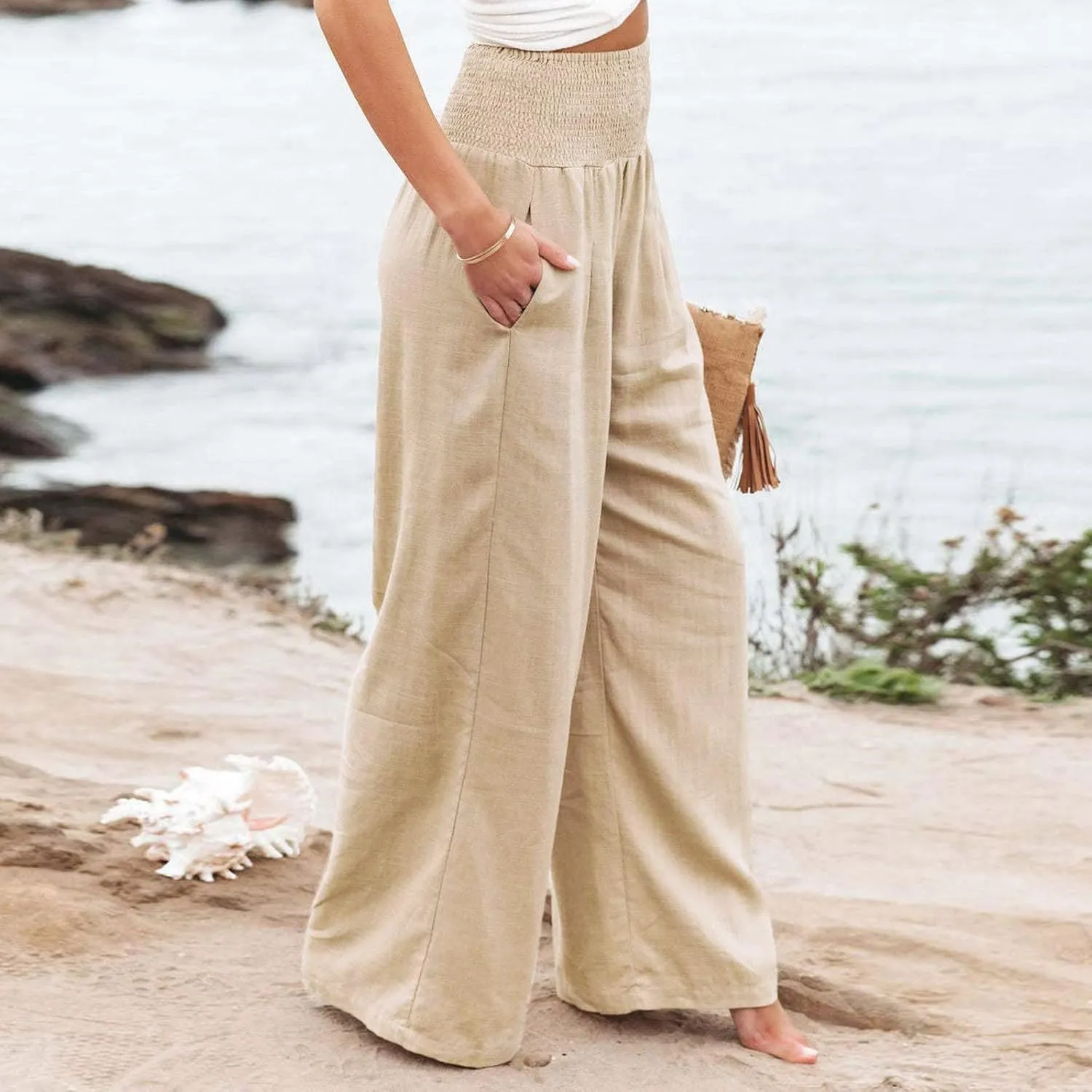 LCMTWX Palazzo Pants Leg Palazzo Pants for Women Smocked Elastic Waist Loose Comfy Casual Pajama Pants Pockets Beach Pants