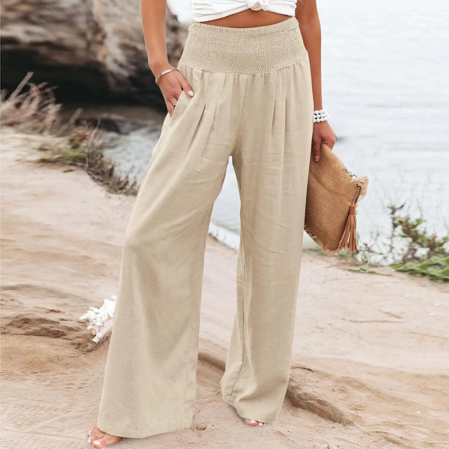 LCMTWX Palazzo Pants Leg Palazzo Pants for Women Smocked Elastic Waist Loose Comfy Casual Pajama Pants Pockets Beach Pants