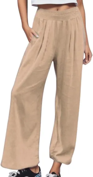 LCMTWX Palazzo Pants Leg Palazzo Pants for Women Smocked Elastic Waist Loose Comfy Casual Pajama Pants Pockets Beach Pants