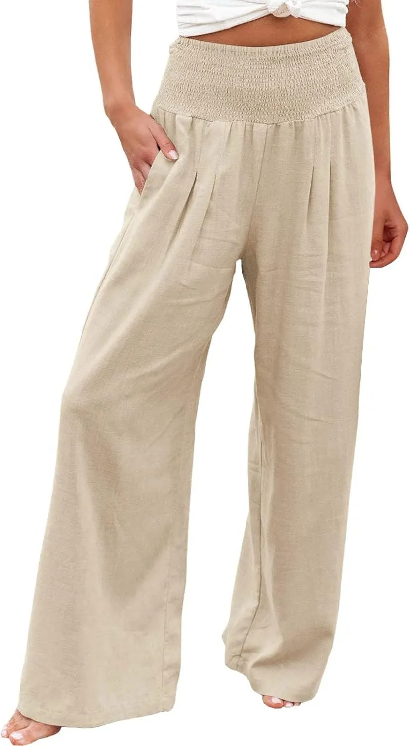 LCMTWX Palazzo Pants Leg Palazzo Pants for Women Smocked Elastic Waist Loose Comfy Casual Pajama Pants Pockets Beach Pants