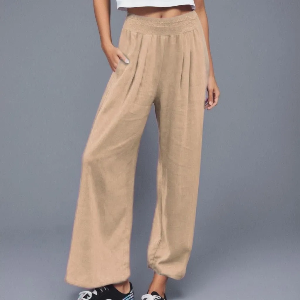 LCMTWX Palazzo Pants Leg Palazzo Pants for Women Smocked Elastic Waist Loose Comfy Casual Pajama Pants Pockets Beach Pants