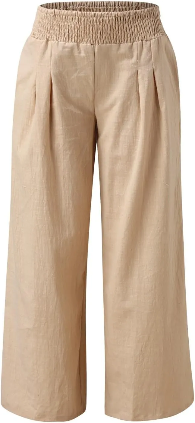 LCMTWX Palazzo Pants Leg Palazzo Pants for Women Smocked Elastic Waist Loose Comfy Casual Pajama Pants Pockets Beach Pants