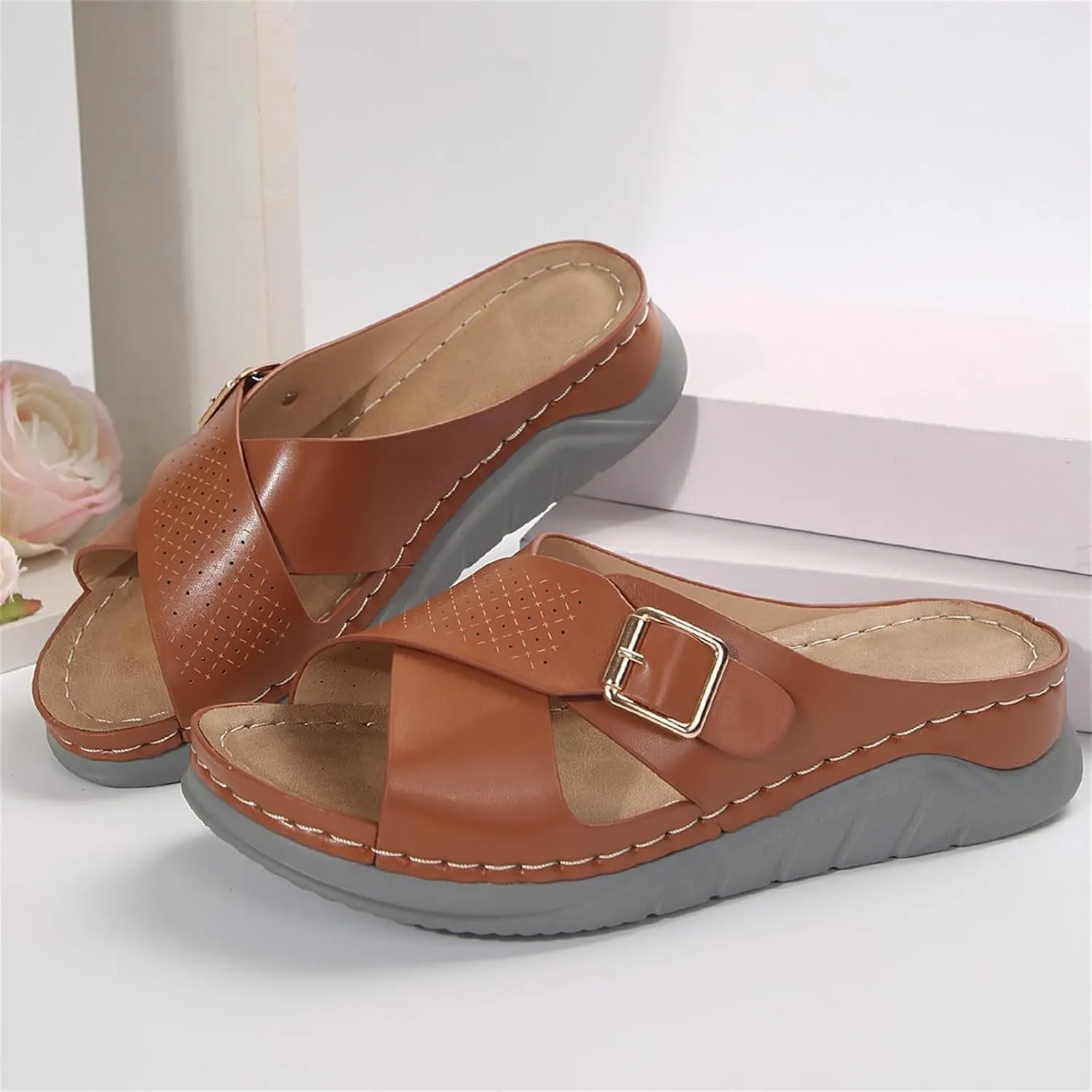 Leather Orthopedic Sandals for Women with Arch Support Comfortable Beach Low Heels Footwear Vacation Shoes Women on Outdoor