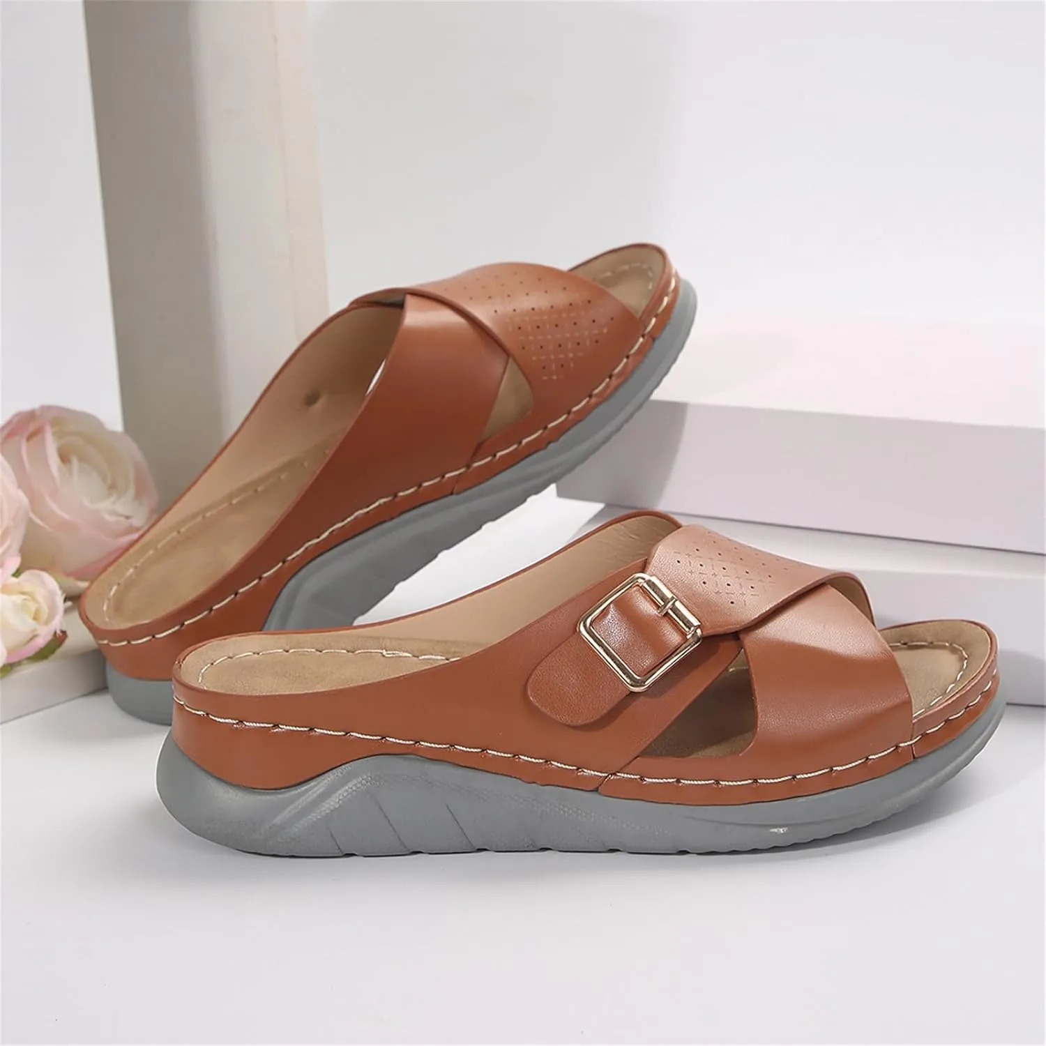 Leather Orthopedic Sandals for Women with Arch Support Comfortable Beach Low Heels Footwear Vacation Shoes Women on Outdoor