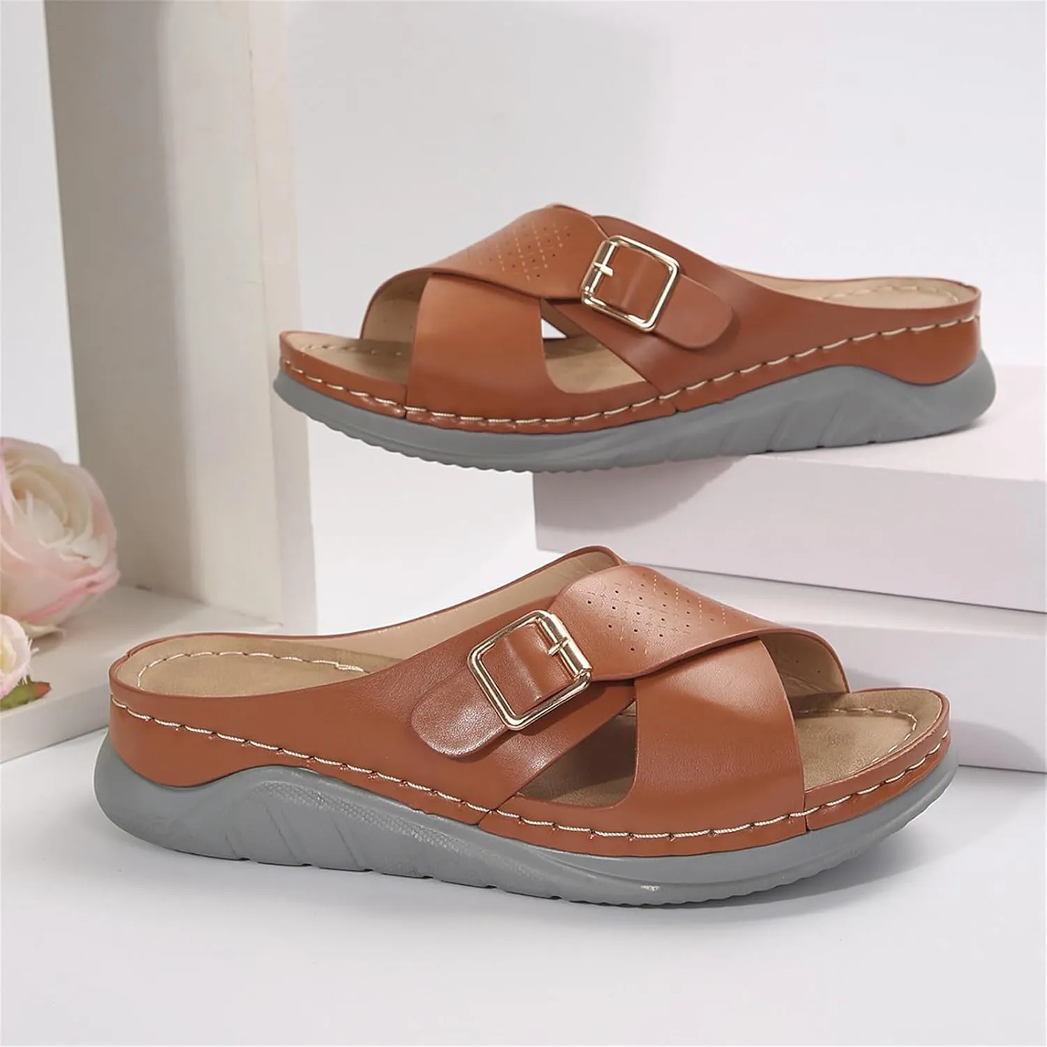Leather Orthopedic Sandals for Women with Arch Support Comfortable Beach Low Heels Footwear Vacation Shoes Women on Outdoor