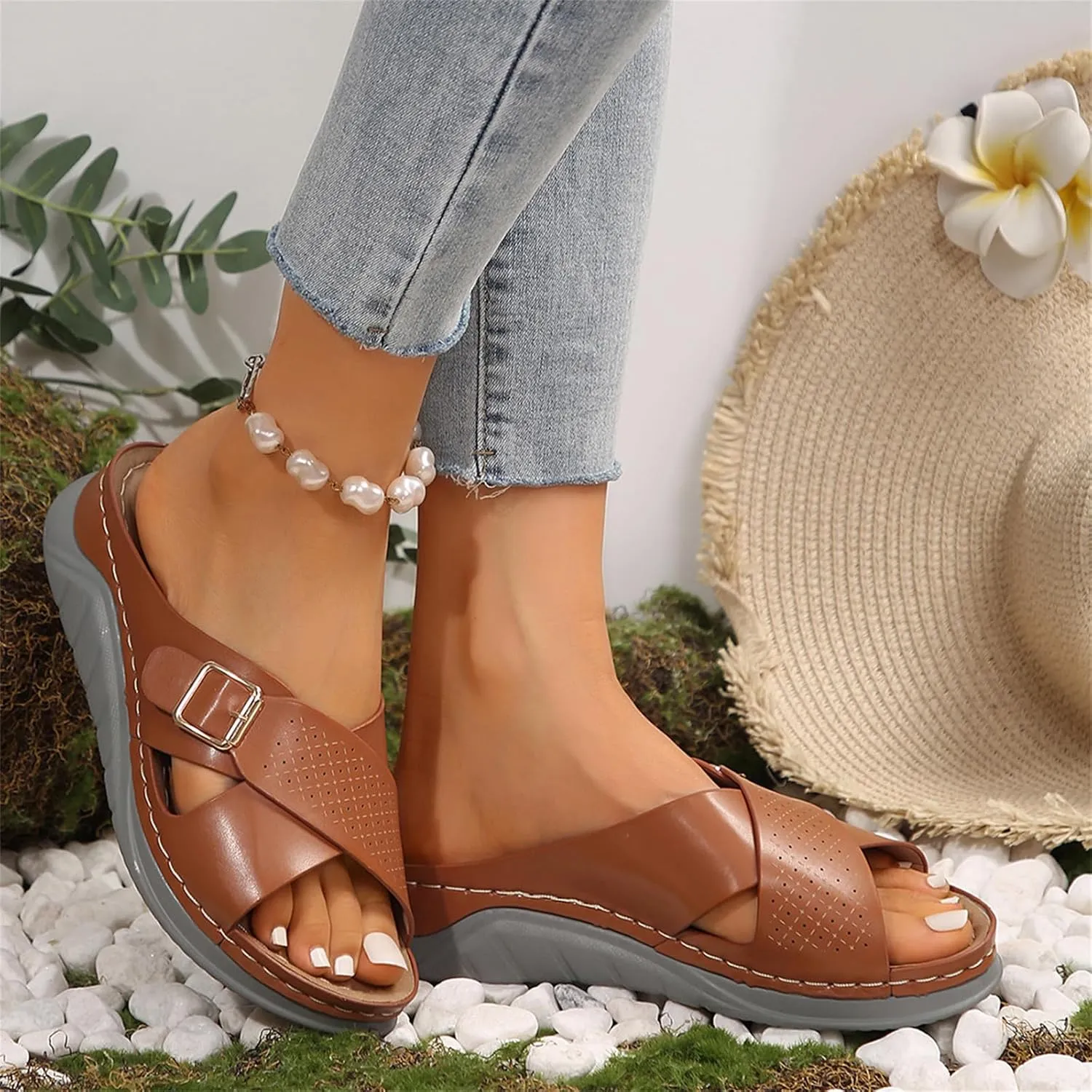 Leather Orthopedic Sandals for Women with Arch Support Comfortable Beach Low Heels Footwear Vacation Shoes Women on Outdoor